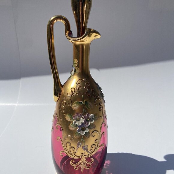 Cranberry Bohemian Glass Cruet, Gilded, Hand-painted, enameled appliques - Picture 6 of 13